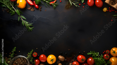 Vegetables on a black background with spices and herbs,, Food background with mozzarella, mushrooms, tomatoes and bell pepper Pro Photo