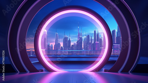 Wallpaper Mural round neon arch portal with a view of the panorama of the modern city cityline skyscrapers, podium presentation Torontodigital.ca
