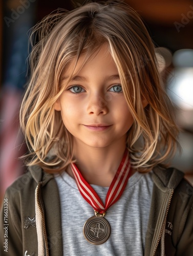 A beaming young girl proudly displays her medal, her bright smile framed by her brown bangs and pageboy haircut, exuding confidence and charm in her stylish portrait photo