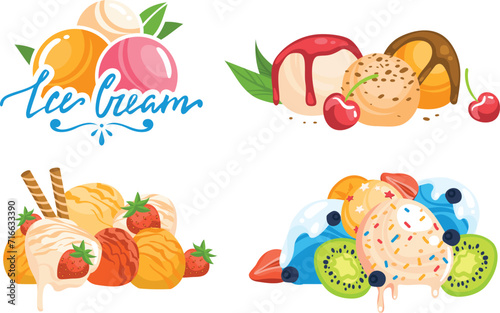 Colorful ice cream scoops with toppings and fruit. Assorted flavors with berries, chocolate, and nuts vector illustration.