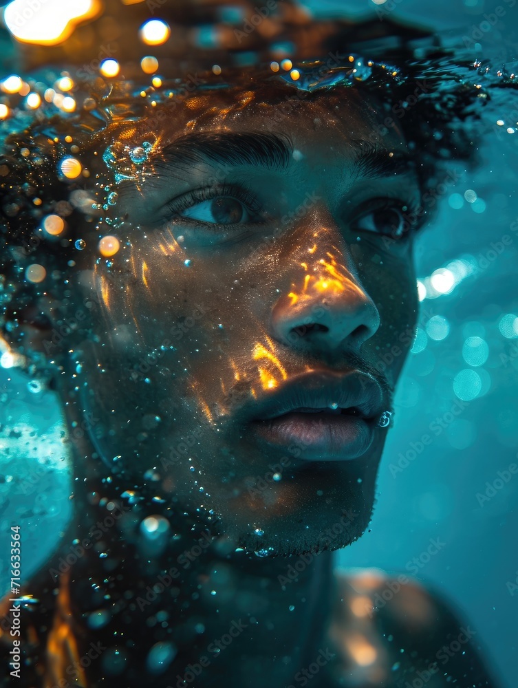 A human face submerged in water, surrounded by bubbles as the person swims underwater