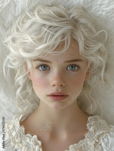 A porcelain doll with intricate ringlets and adorned with delicate embellishments gazes with her large, white-haired head and piercing eyelashes, exuding a sense of innocence and wonder in her beauti