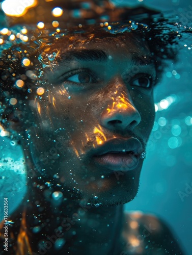 A human face submerged in water, surrounded by bubbles as the person swims underwater