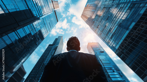 Businessman from behind, looking up at towering skyscrapers against a blue sky with clouds. photo