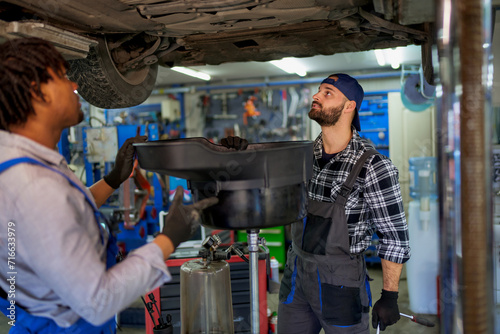 Two dedicated mechanics, working seamlessly under a car on a lift, engaged in an oil change task. A harmonious blend of skills as they assist each other in the maintenance process.
