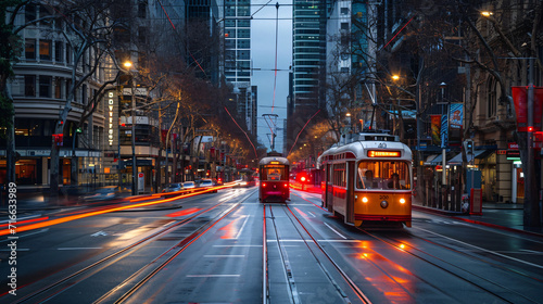 A city street with historic trams and old buildings evoking a sense of nostalgia.