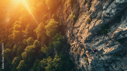 A climber ascending a challenging rock face at sunset.