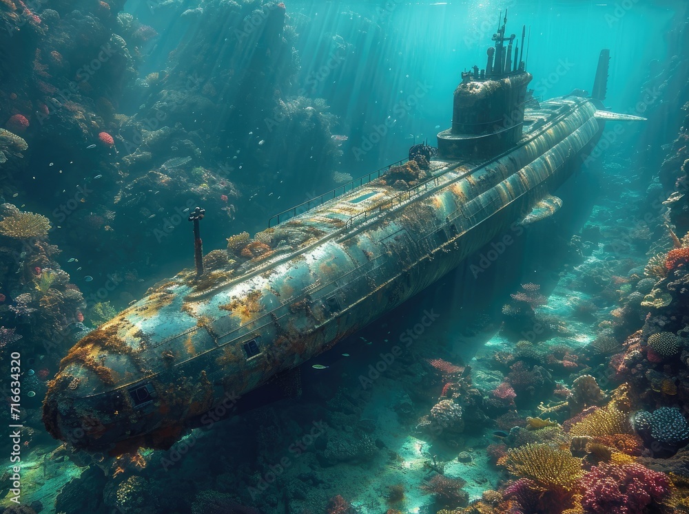 A sleek submarine navigates through the vibrant marine life of an underwater reef, serving as a transport vessel for curious divers to explore the depths of the ocean