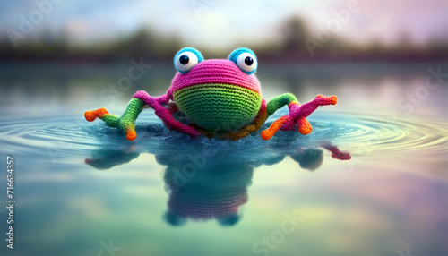 Ein gestrickter Frosch schwimmt in einem Teich. photo