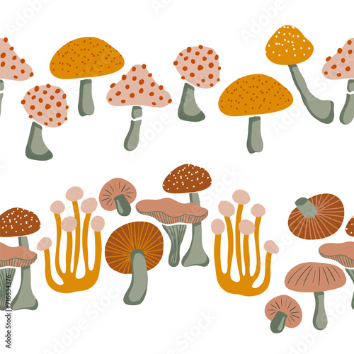 Autumn Mushrooms Vector Seamless Horizontal Borders Set