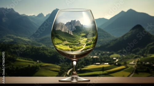 Mountain landscape and wine glass