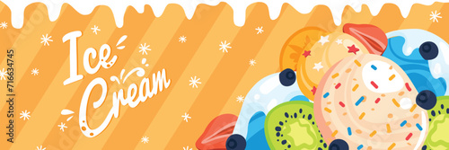 Colorful ice cream scoops with kiwi, strawberry decoration and sprinkles. Summer dessert, sweet treat concept vector illustration.