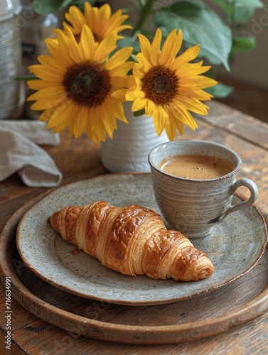 A delectable morning treat awaits on a wooden table, with a buttery croissant and steaming cup of coffee served on delicate serveware, accompanied by a vibrant flower, creating a cozy indoor breakfas photo