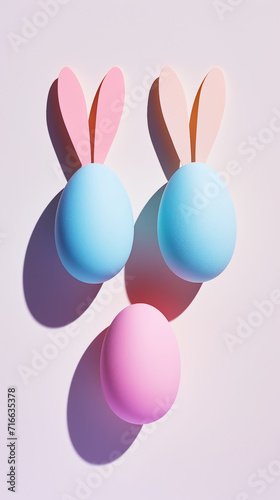 Aesthetic Easter eggs with bunny ears pastel coloured. White background. Creative cute card. Copy space. Generative AI