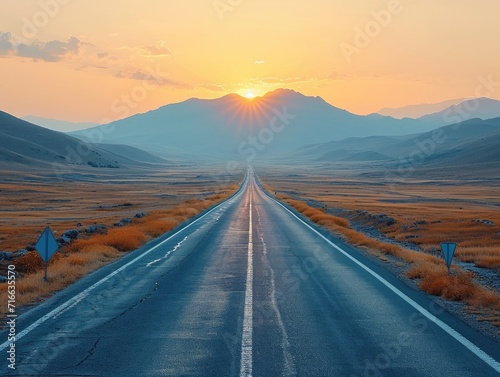 A scenic road winds through the ecoregion  leading towards the majestic mountains and the vast open sky  as the sun rises on the horizon  casting a warm glow on the grassy ground and fluffy clouds