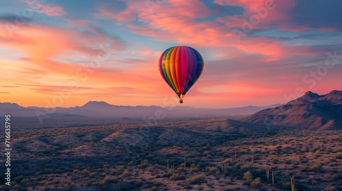 A colorful hot air balloon floating over a desert landscape at dawn.