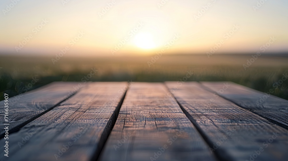 Rustic wooden table against a blurred golden sunrise in a tranquil field Rustic wooden table against a blurred golden sunrise in a tranquil field