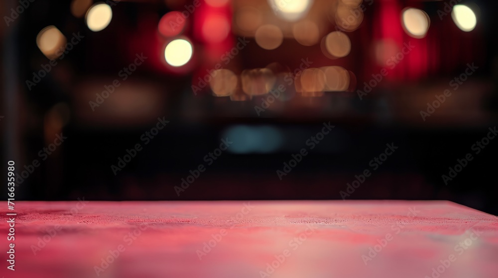 Velvet texture of an empty theater stage table with bokeh light background