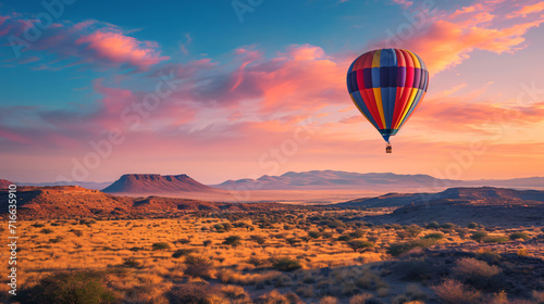 A colorful hot air balloon floating over a desert landscape at dawn.