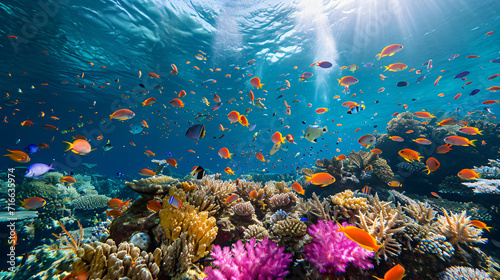 A coral reef underwater scene teeming with colorful fish and coral.