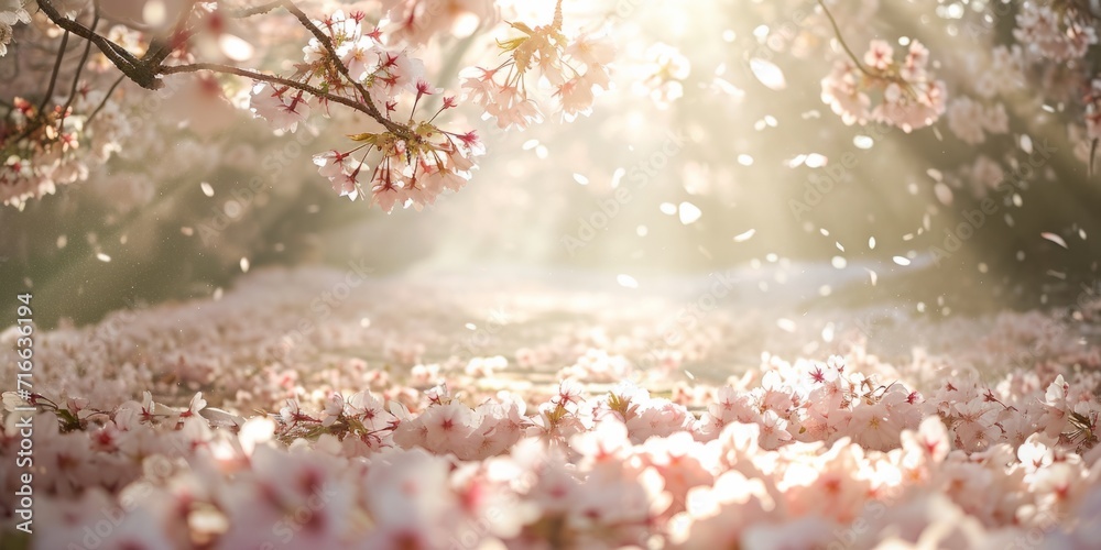 Fototapeta premium Sakura Petals Carpeting the Ground, Ethereal Springtime Scene Ideal for Backgrounds and Displays