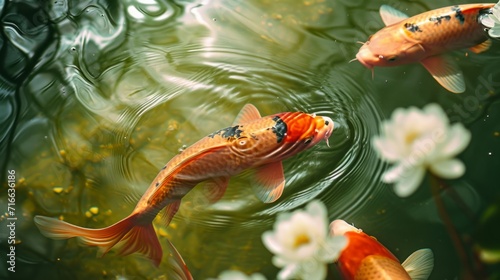 Koi Fish Swimming Among Sakura Petals in a Pond, Spring Ecosystem in Harmony