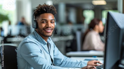 Cheerful young man wearing a headset and working at a computer, in a customer service or call center environment.