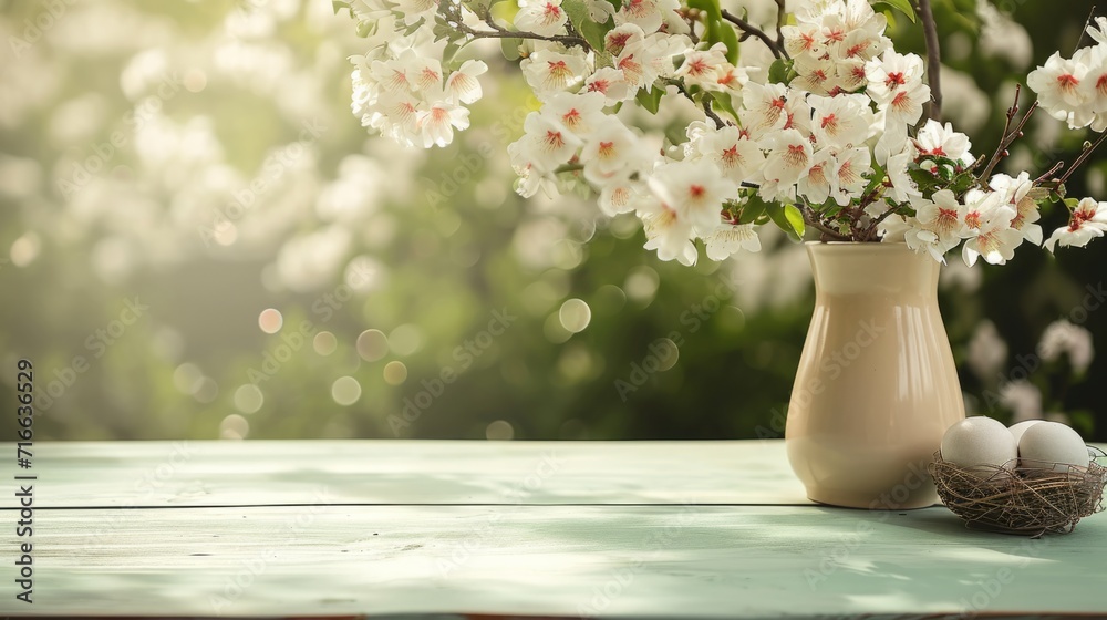 Springtime table setting with sakura blossoms in a vase and easter eggs on a pastel backdrop, perfect for seasonal decor themes