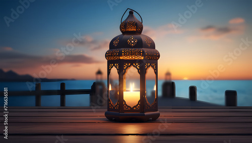 a decorative lantern with candles outdoors at sunset for ramadan ai generative