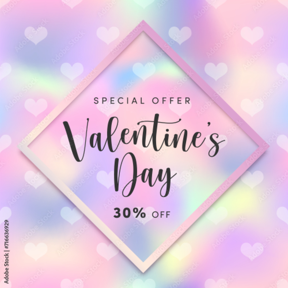 Valentines Day sale banner. Special offer 30 percent off social media square poster. Valentine's day marketing template with trendy holographic heart background. Vector shopping promotion concept
