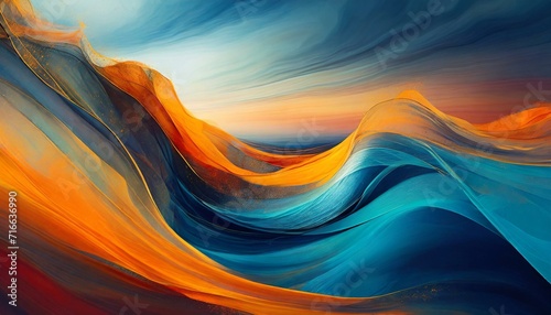 a visually dynamic abstract composition with flowing waves in harmonious shades of blue and orange, evoking a feeling of balance and vibrancy photo