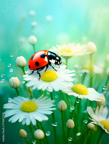 ladybug on camomile flower with water drops on green background