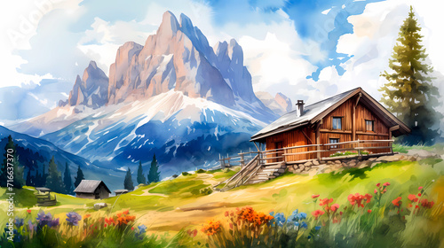 Mountain landscape with wooden house in the meadow. Digital painting.
