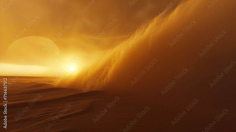 A dramatic sandstorm sweeping across the desert obscuring the sun.