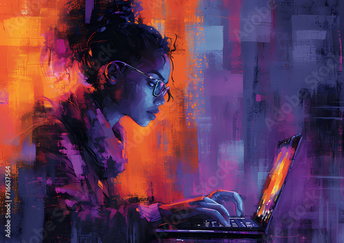 A focused artist creates a vibrant masterpiece on her laptop, using acrylic paint to bring her digital painting to life photo