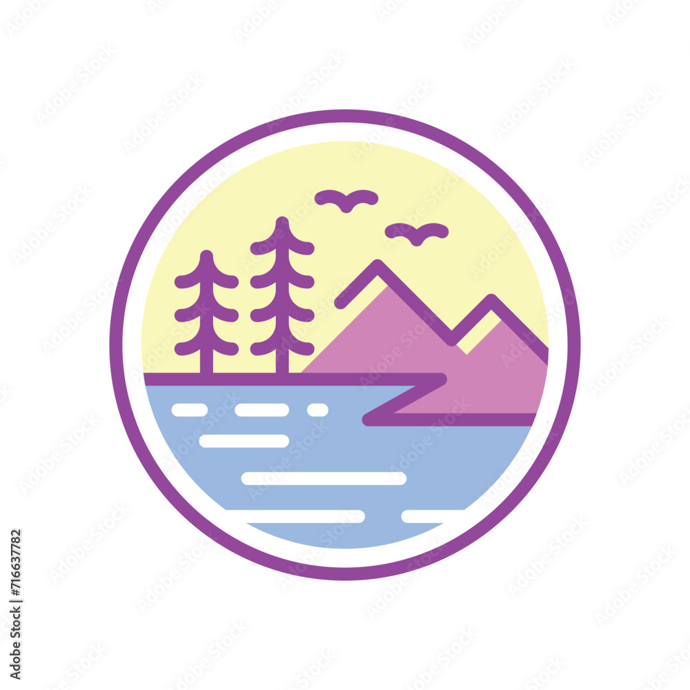 Simple icon illustration of mountain lake view with trees and birds
