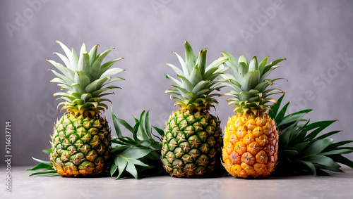 Pineapples with copy space background, juicy fresh fruits, vegan healthy diet.
