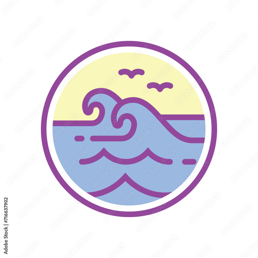 Simple icon illustration of ocean, sea or lake with waves and birds Simple icon illustration of ocean, sea or lake with waves and birds