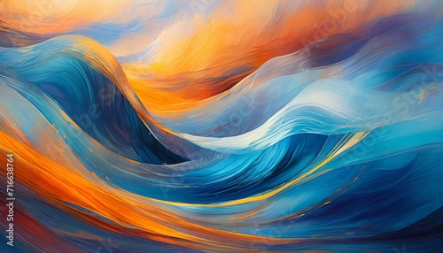 an abstract digital painting capturing the essence of movement and fluidity in blue and orange waves, providing a sense of serenity and dynamic energy