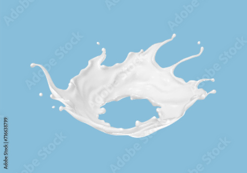 Milk splash isolated on blue background. Natural dairy product, yogurt or cream splash with flying drops. Realistic Vector illustration