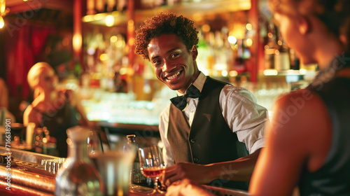 Well-dressed man with a beaming smile, serving as a bartender or host, engaging with customers at a warmly lit, upscale bar.