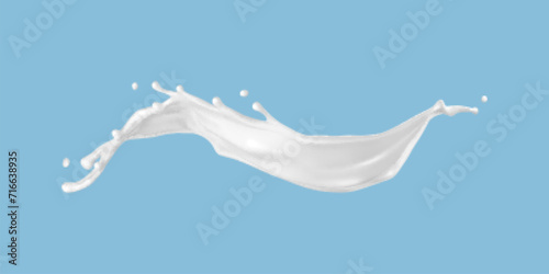 Milk splash isolated on blue background. Natural dairy product, yogurt or cream splash with flying drops. Realistic Vector illustration