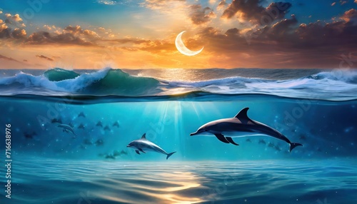 background of amazing crescent full moon over the sea and dolphins under the sea