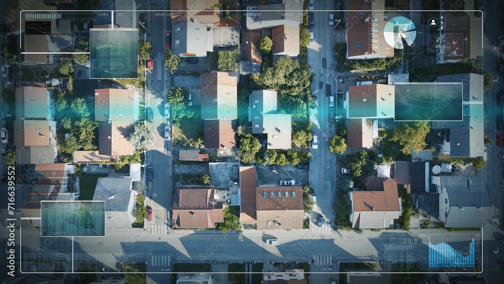 Aerial top down of urban cityscape with scanning houses for surveillance and observation