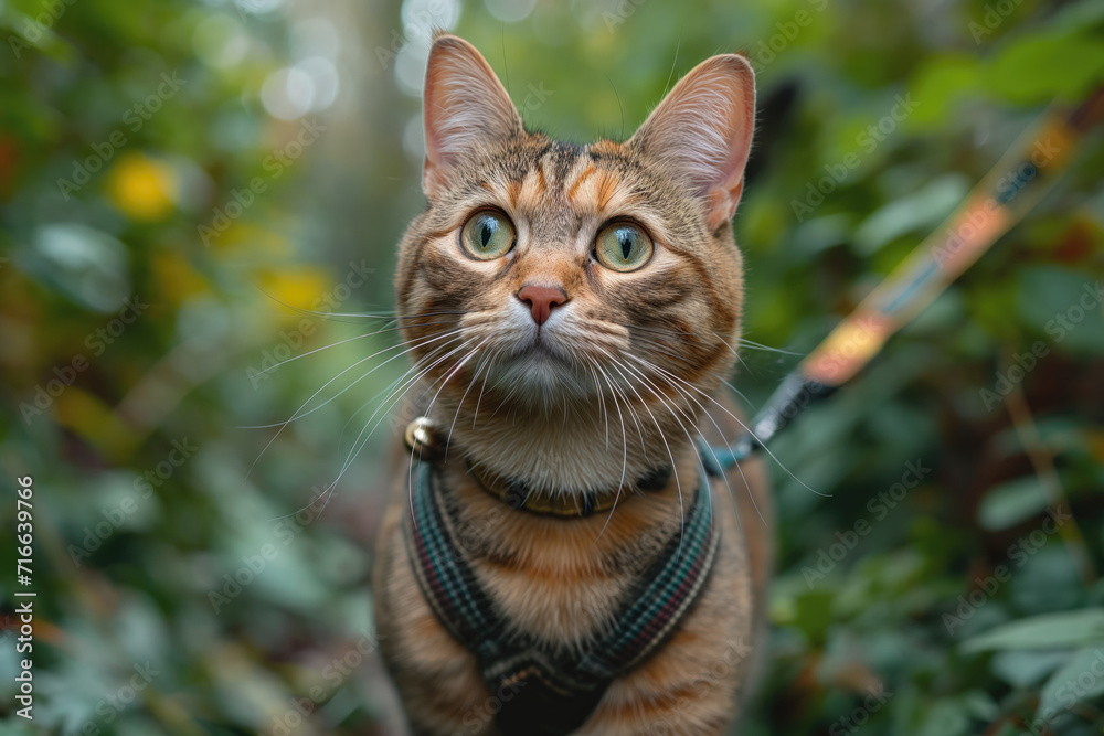 cat in a harness and on a leash walks through the forest with its owner