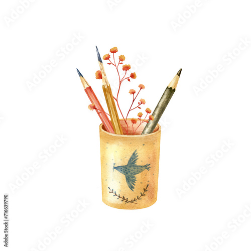 Isolated illustration with handmade artistic materials, brushes, paints, pencils, watercolorselements on a white background. 