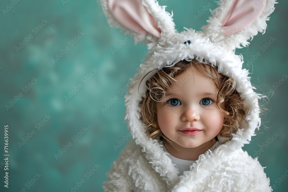 Little Toddler in Fluffy Bunny Costume During Easter in Solid Background