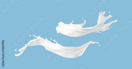Milk splash isolated on blue background. Natural dairy product  yogurt or cream splash with flying drops. Realistic Vector illustration