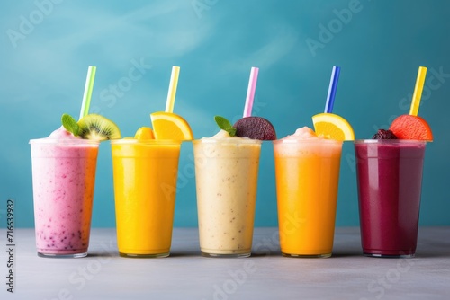 Berry fresh organic smoothie with vitamins, homemade mixed fruit beverage on blue background