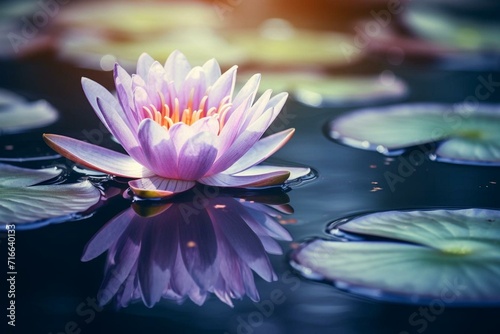 Lotus flower floating on water, symbolizing magic and miracles, with waterlilies in the blurred background. Generative AI © Marisela